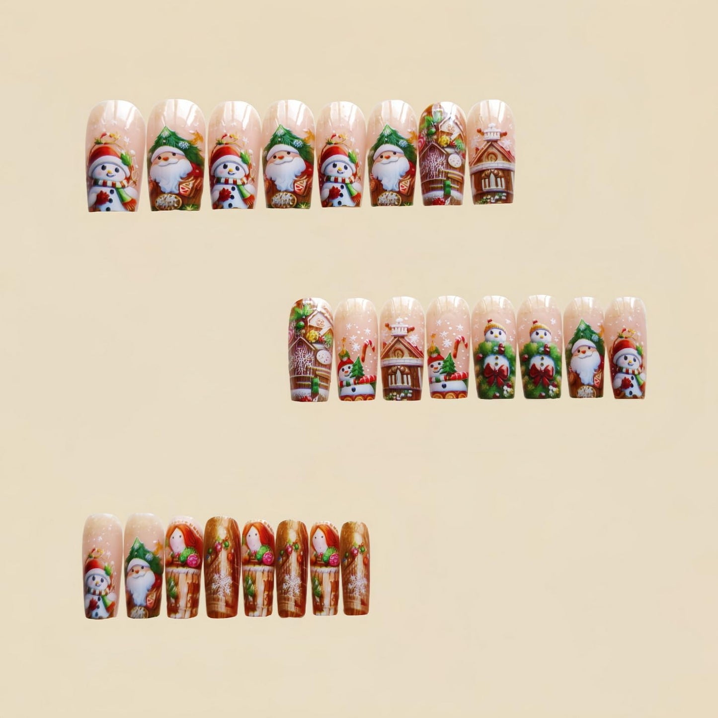 24pcsChristmas Press on Nail Medium Length Long Square Fake Nails Gold designs Cute Snowman Snowflake Castle Pattern Stick on Nail Glossy Full Cover Xmas False Nails Reusable Glue on Nails for Women
