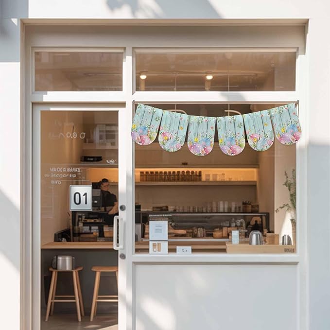 Easter Eggs Banner 3Pcs Indoor Outdoor Hanging Banner Flag Spring Daisy Eucalyptus Leaves Teal Wooden Sign for Fireplace Mantel Decorative Bunting Garland Valance for Shop Door Mantle Decor 7.9"x11.8"