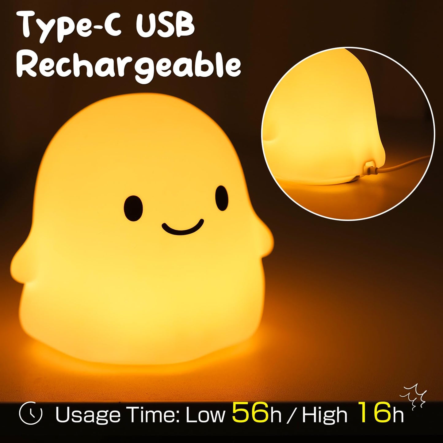 PSDRIQQ Cute Ghost Night Light Squishy Silicone Nursery Nightlight Dimmable Rechargeable Bedside Lamp with Timer & Tap Control, Christmas Gift Halloween Decor