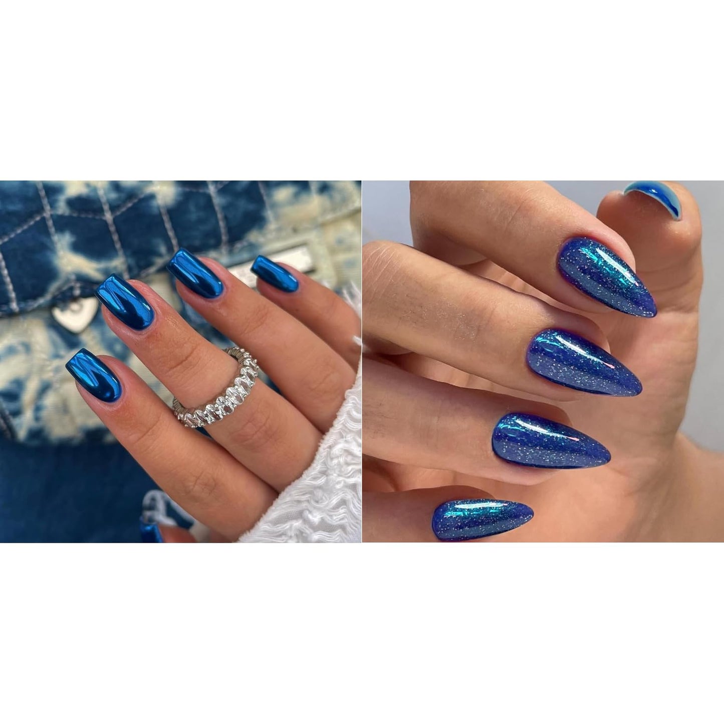 KQueenest Royal Blue Chrome Press on Nails Short Medium Square&Royal Blue Glitter Press on Nails Medium Almond For Beach Party Daily Decoration in 48 PCS