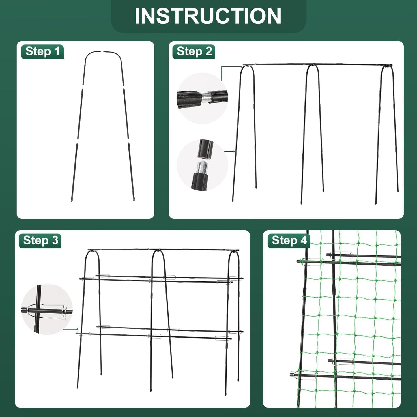 FOLLOOK Cucumber Trellis for Raised Garden Bed, Rustproof Metal Garden Arch Trellis for Climbing Plants Support Outdoor Fruit Grape Vine Vegetable Tomato Pole Bean Snap Pea Trellis, 48x48inch, Black