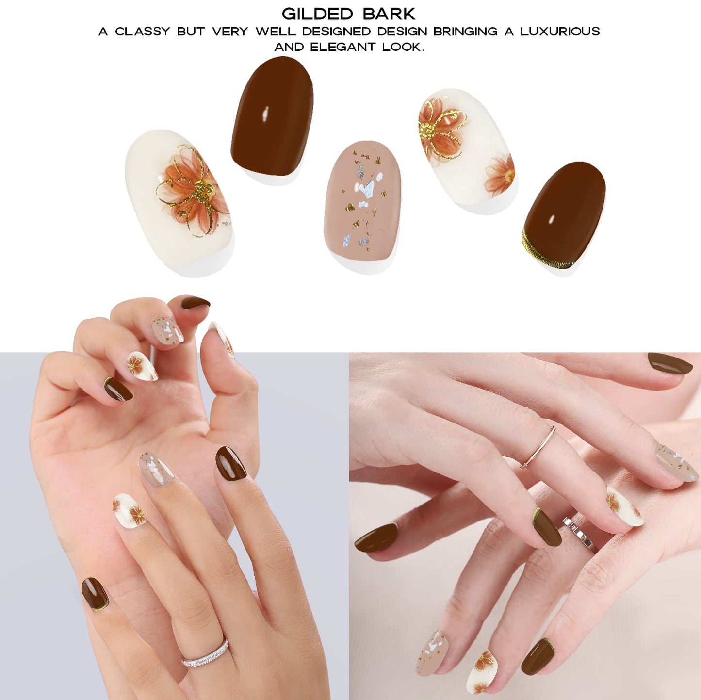 Semi Cured Gel Nail Strips with 30 Pieces – UV Gel Nail Stickers & Nail Wraps, Complete Manicure Kit Includes Prep Pads, Nail File and Wooden Stick, Easy Application, UV Light Required (Gilded Flower)