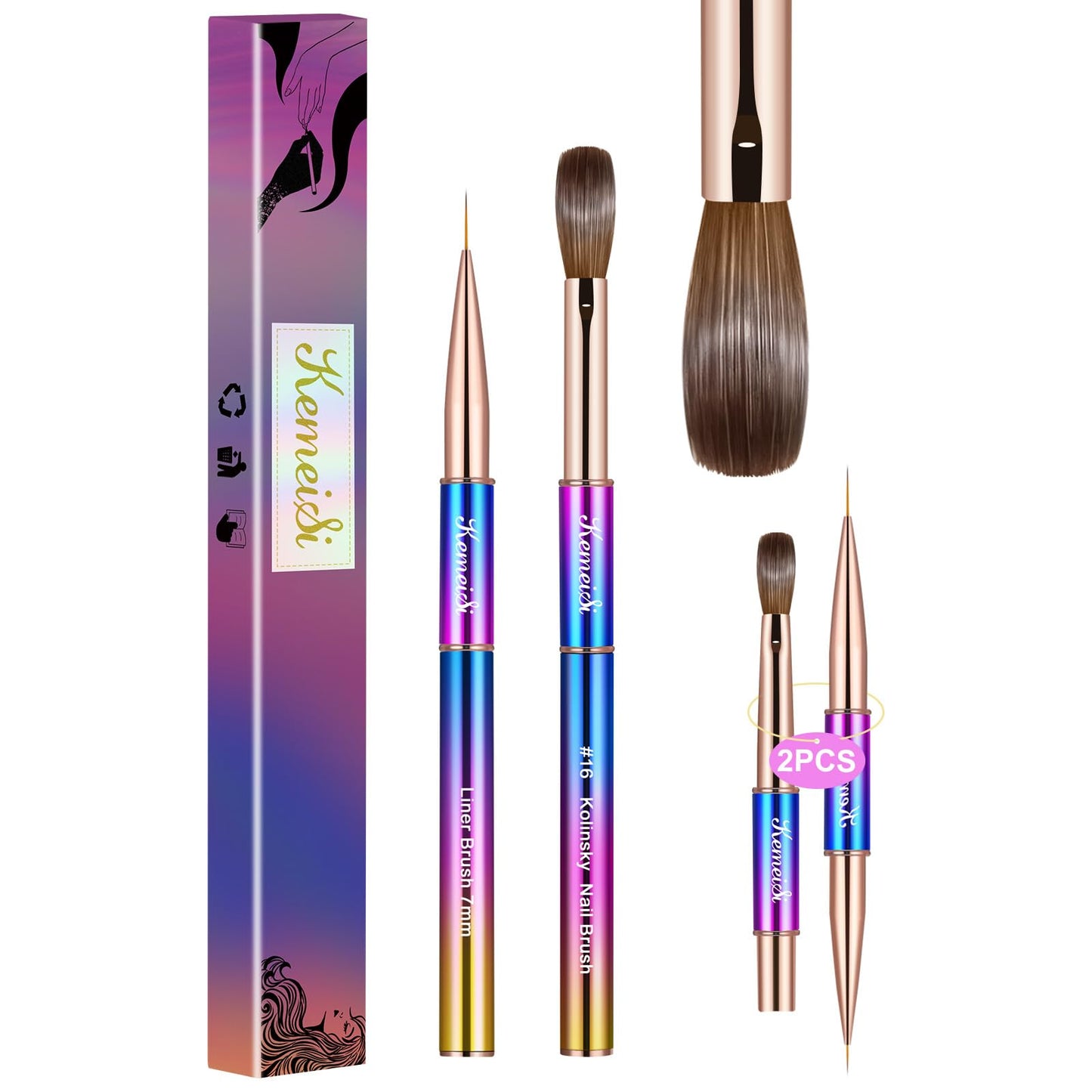 KEMEISI 2PCS Acrylic Nail Brush, Nail Liner Brushes&Size #16 100% Kolinsky Nail Art Brushes for Acrylic Application, Sturdy Handle Oval Shaped Acrylic Nail Design Tools for Professional Manicure DIY