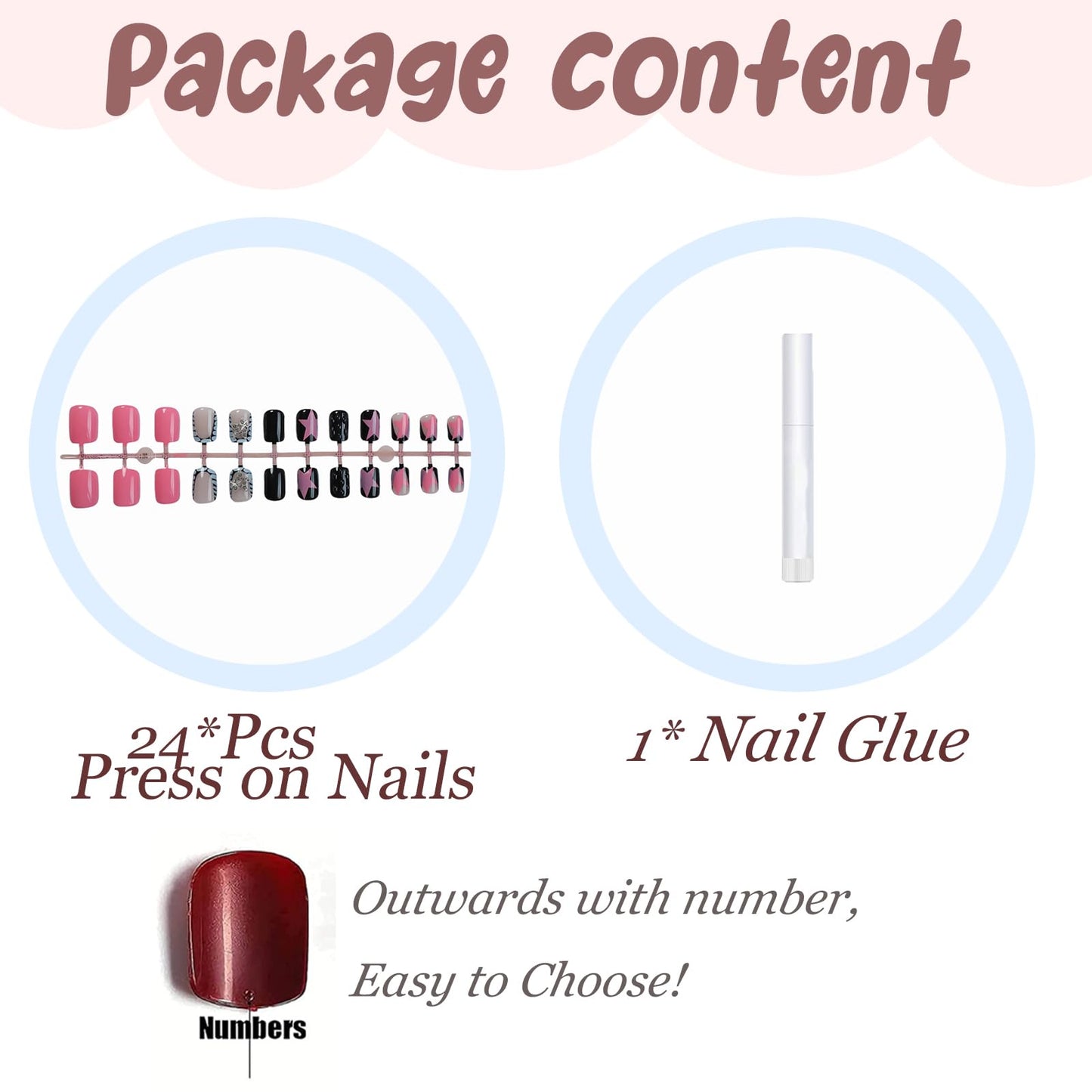 BABALAL Y2K Press On Nails, Short Square Fake Nails with Pink Star Print, Black White Acrylic Stick On Nails for Women 24Pcs