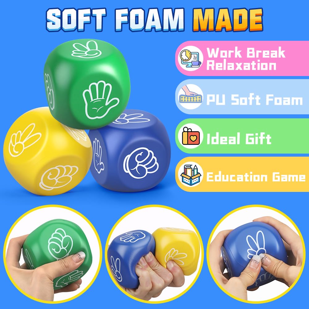 Cybemaga 3 Pcs Foam Squeeze Dice Cube for Kids Adults, Portable Soft Slow PU Dice with 6 Sided for Finger-guessing Game, Perfect Prize Gift for Birthday Christmas Party