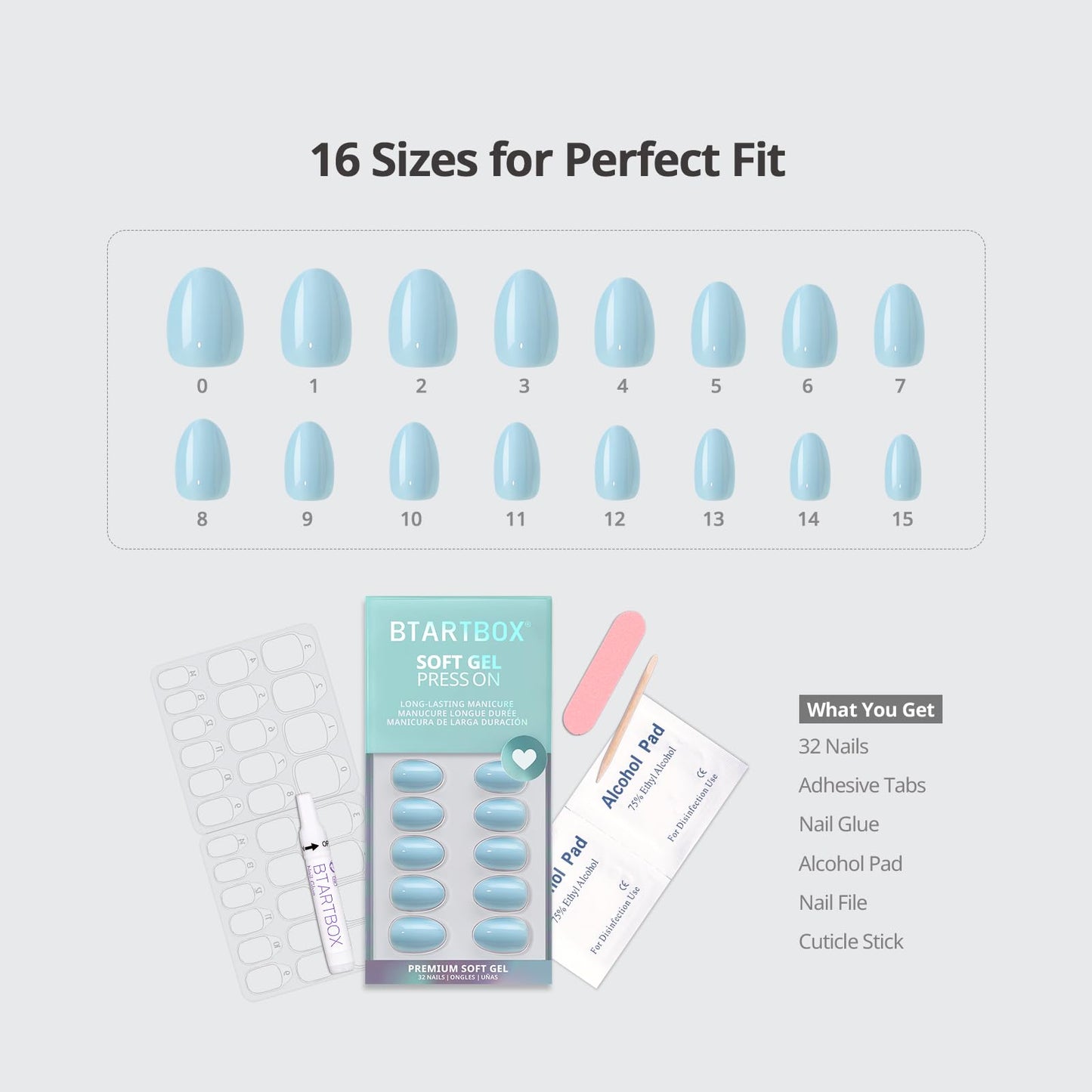 BTArtbox Extra Short Press On Nails - Sky Transition, Easy-to-Apply Light Blue Almond Press On Nails with Glue and Adhesive Tabs in 16 Sizes - 32 Nails All-in-One Kit