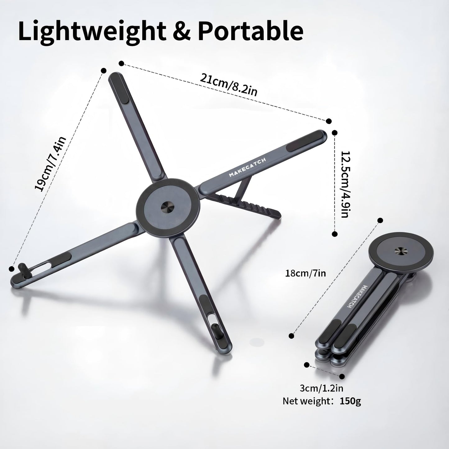 Adjustable Laptop Stand for Desk with Magnetic Phone Holder, MagSafe Compatible Portable Foldable Computer Riser for MacBook, iPhone, iPad, Tablet - Perfect for Office, Home, Traveling (black)