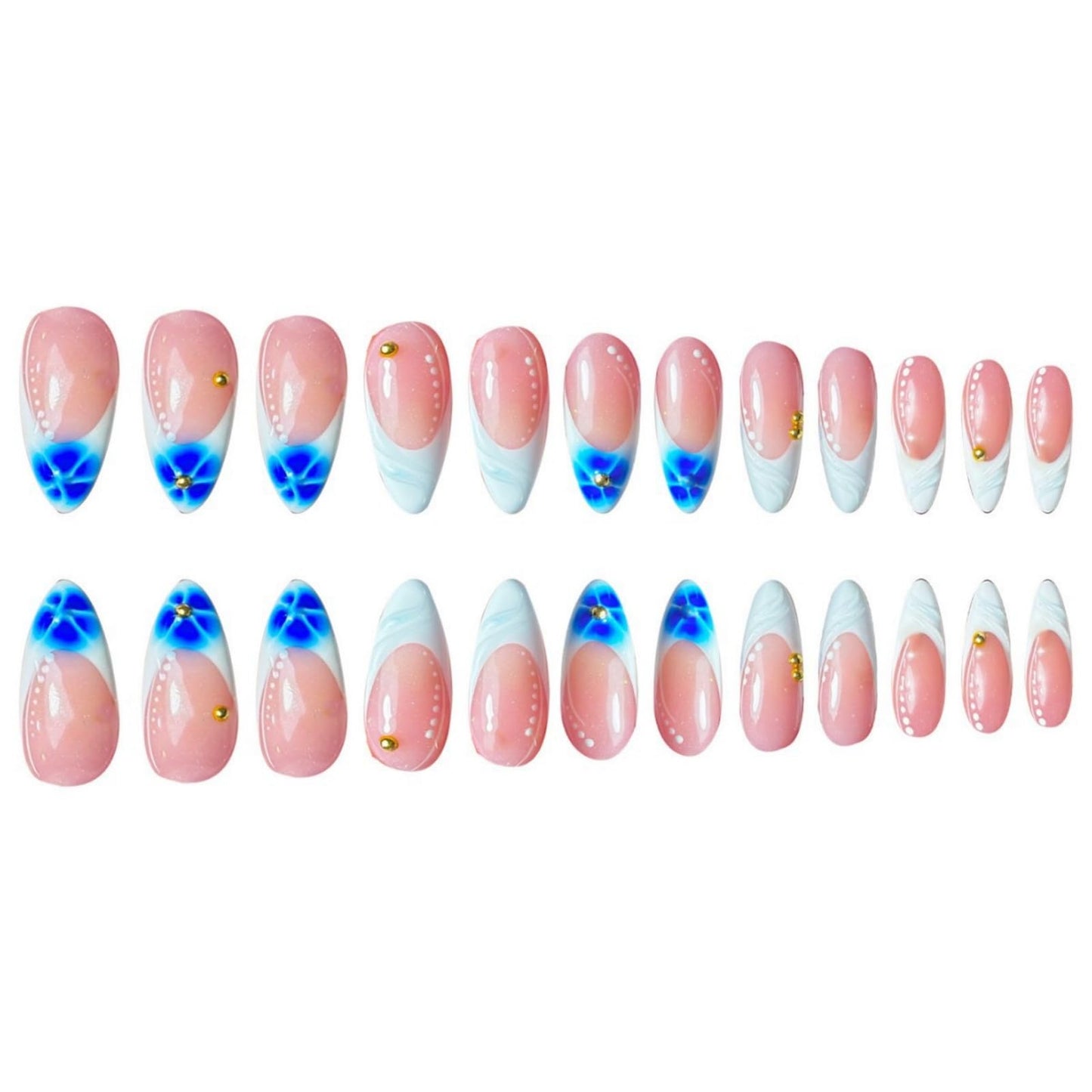 Medium Press on Nails Almond Fake Nails BlueFalse Nails French Artificial Nails with Floral Designs Summer Handmade Nails Stick on Nails for Women 24pcs