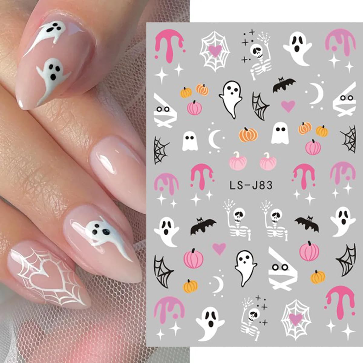 LRKNNO Halloween 3D Nail Stickers, Paper Decals for Women, Ghost, Skull, Pumpkin, Spider, Cat, 6 Sheets