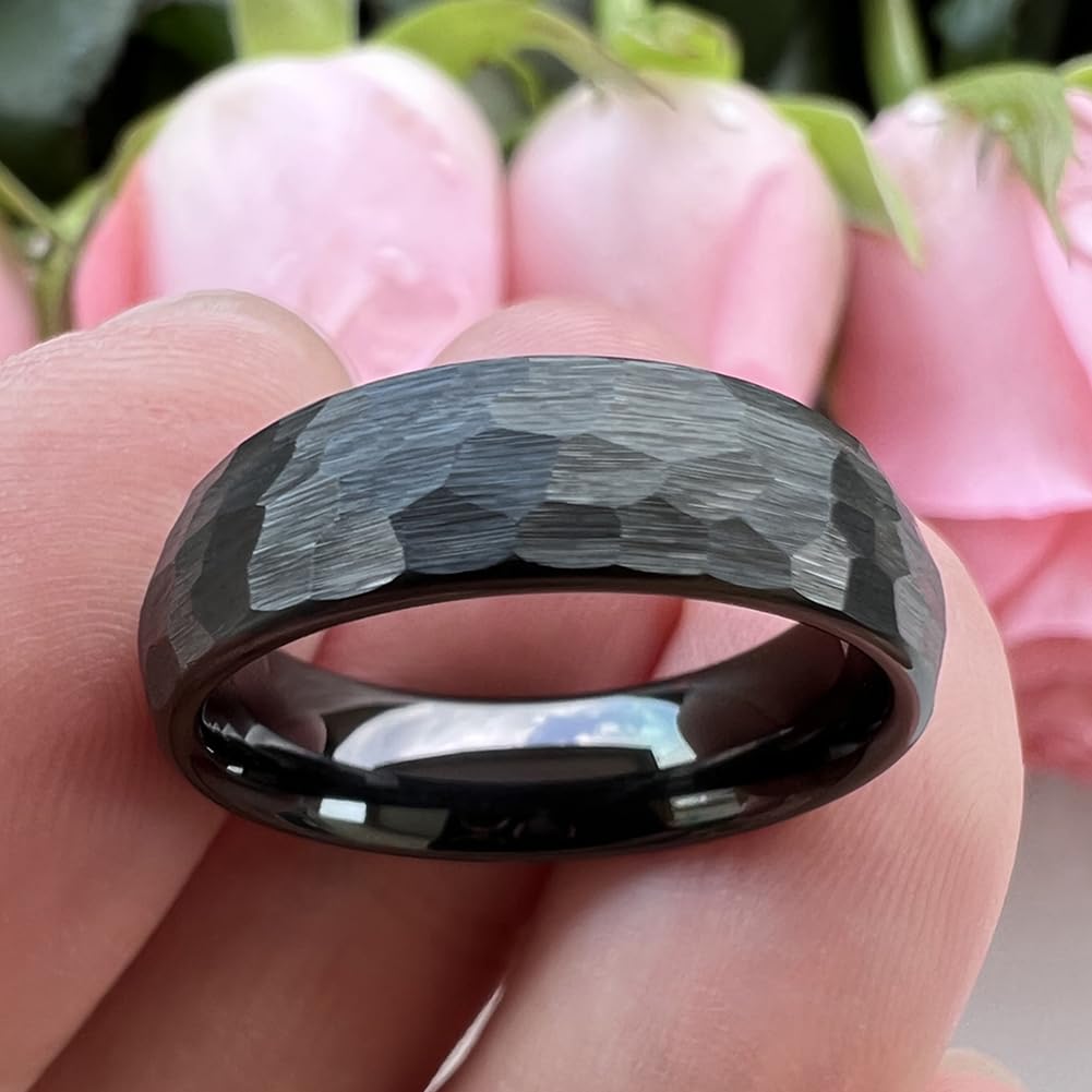 TUTISS 6mm Black Hammered Tungsten Rings for Men Women Fashion Engagement Wedding Bands Domed Matte Finish Comfort Fit Size 10
