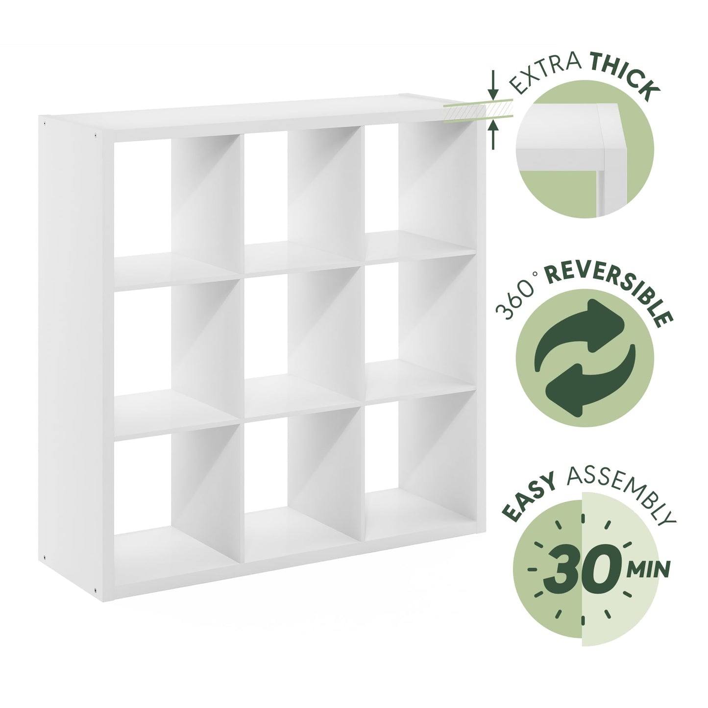 Furinno Cubicle Book Shelf, 9-Cube Bookshelf, Extra Thick Frame Reversible Tall Wide Bookcase with Open Back, 14.6 x 44 x 44, for Living Room, Bedroom, Home Office, Plain White