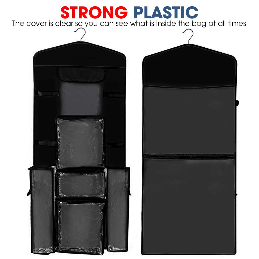 ProPik Hanging Double Sided Wrapping Paper Storage Organizer With Multiple Pockets Organize Your Gift Wrap, Gift Bags Bows Ribbons 40"X17" Fits 40 Inch Rolls Clear PVC Bag (Black)