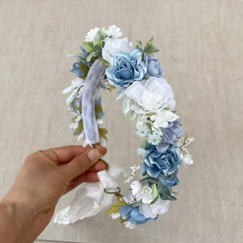 PoshMyra Dusty Blue Flower Crown for Girls Birthday Party Floral Headband Photo Prop