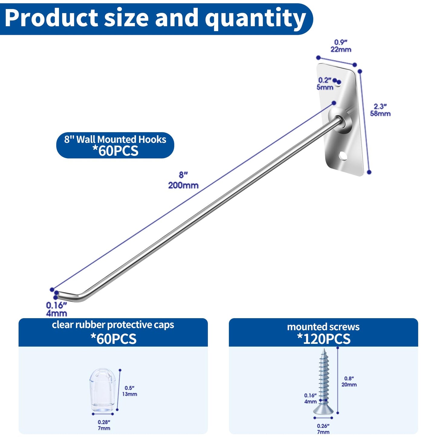 Waltool 60 Pcs 8"/20CM Stainless Steel Wall Mounted Hook with Rubber Protective Caps and Screws, Home Storage Organizer Hangers for Garage Shop Retail Office Kitchen Store Display