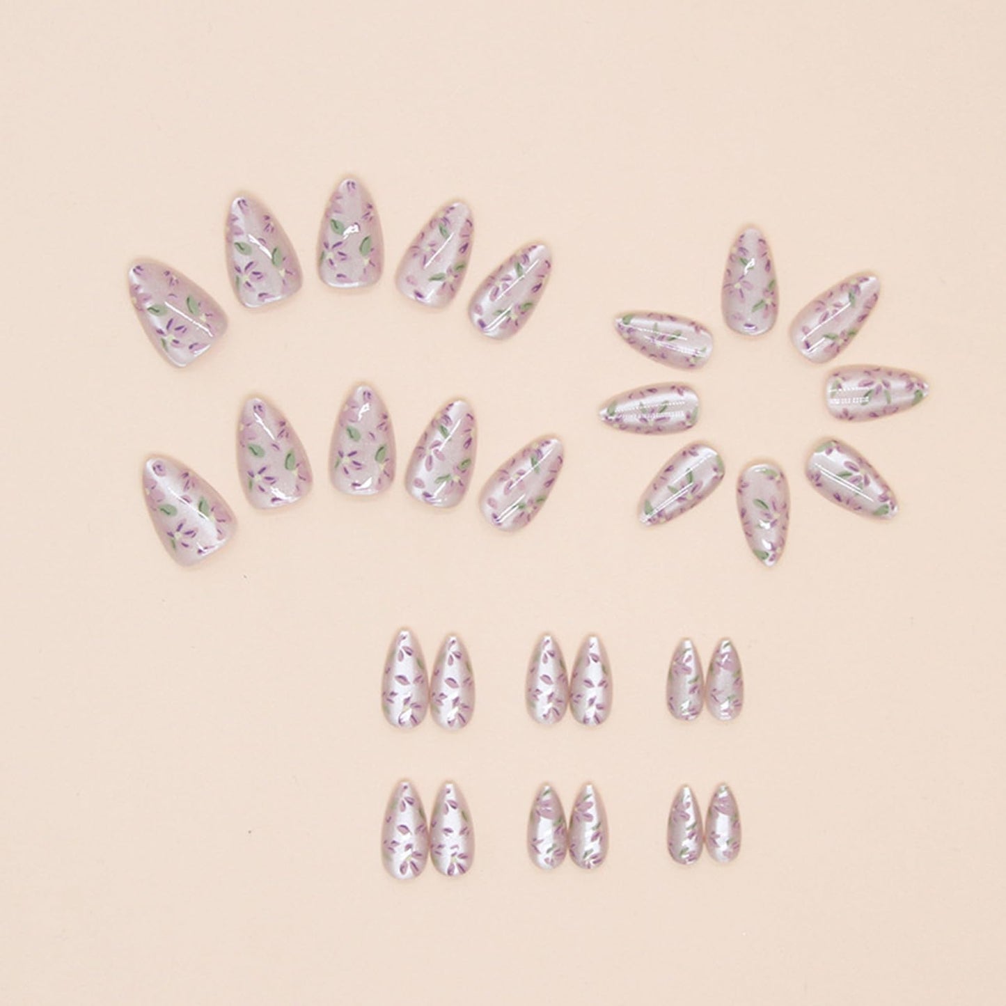 Spring Press on Nails Almond Medium Fake Nails with Designs Purple Flower Stick on Nail Glitter Acrylic False Nail Cute Artificial Nail Press ons Glossy Full Cover Glue on Nails for Women 30Pcs
