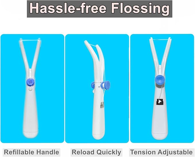 The Floss Advances - Dental Floss Holder, Tension Adjustable Interdental Flosser, Reusable and Refillable Handle with Preloaded Floss 66 ft/ 20 m - (1 Handle + 1 Extra Spool of Different Material)
