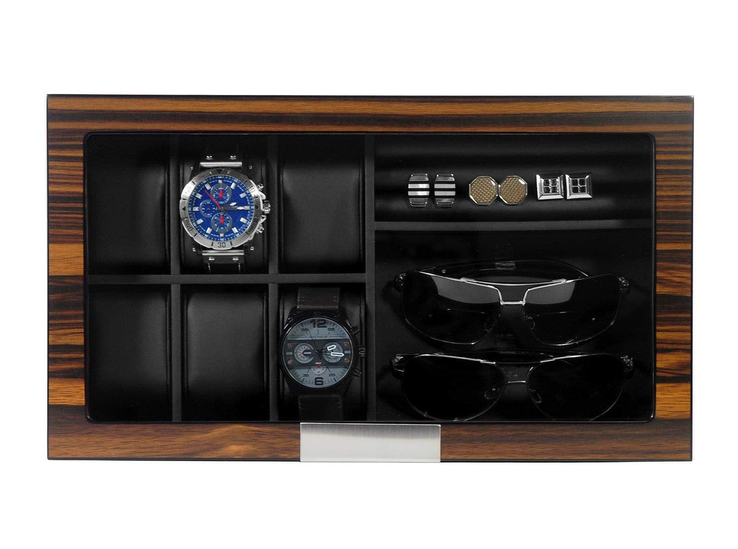 Lifomenz Co Men's 6 Slot Watch Box, 8 Pair Cufflinks & Sunglasses Display Case, Brown PU Leather & Glass Top