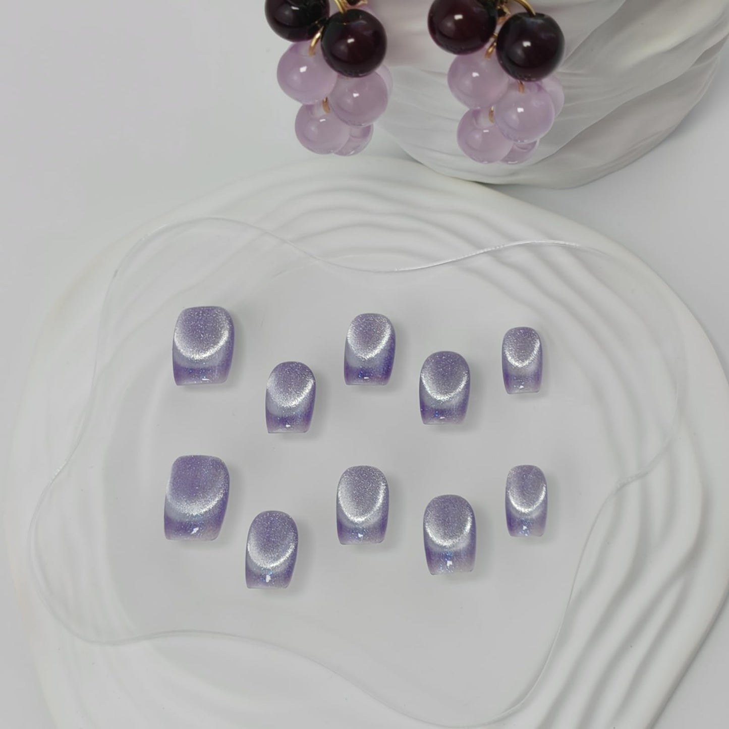 Cat Eye Press on Nails Handmade Short Oval/Square/Round False Nails with French Tip/Aurora/Magnetic Shimmer Designs (French#Grape Pop Rocks, Small)