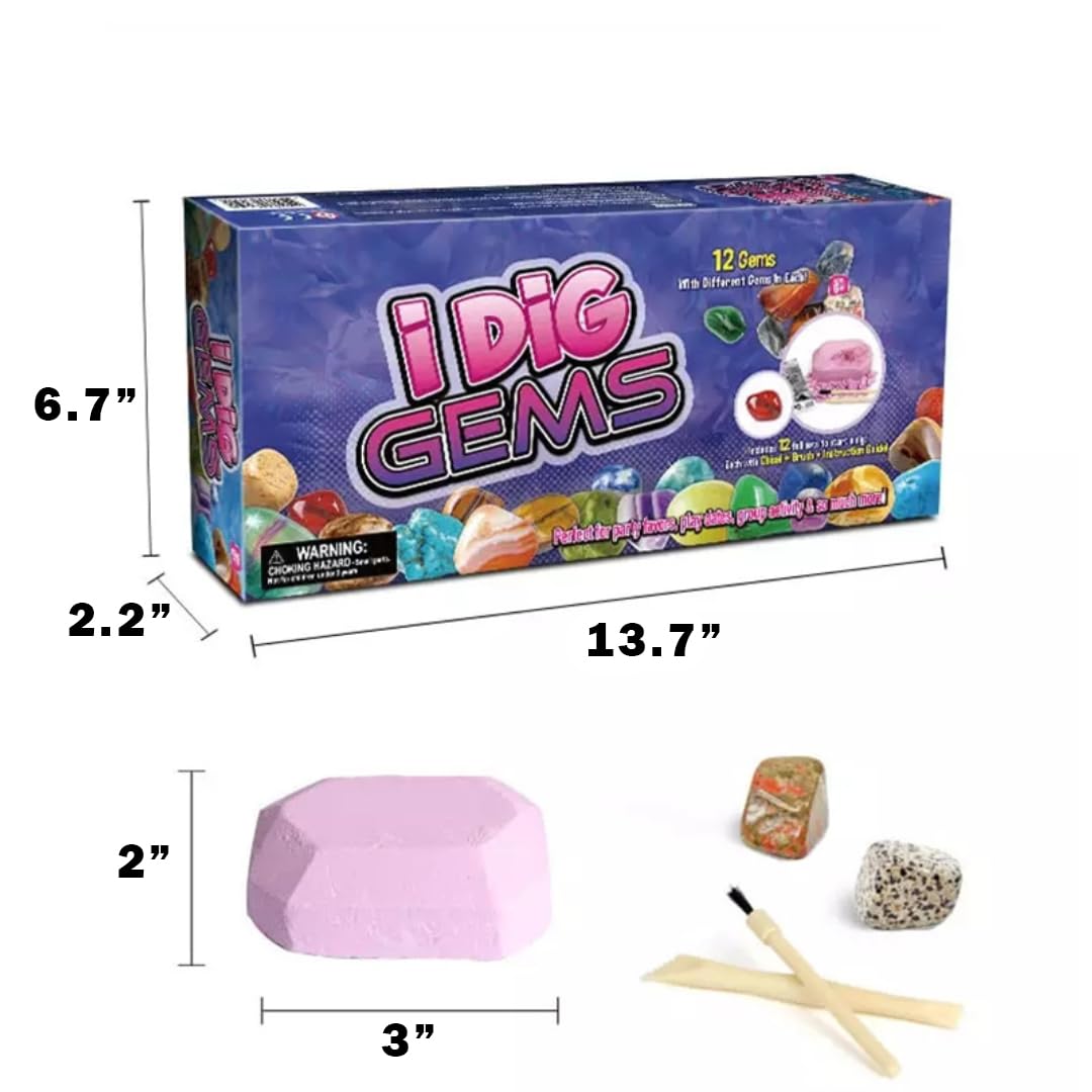 Liberty Imports 12-Pack Gem Digging Kit for Kids - Exciting Gemstone Mining Adventure - Educational STEM Crystal and Mineral Excavation – Party Favor Science Toys