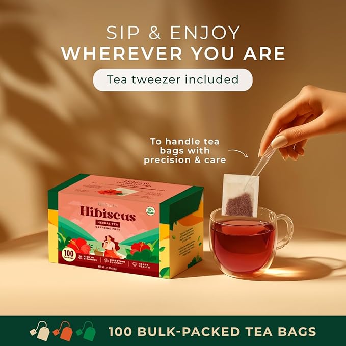 Gya Tea Co Hibiscus Herbal Tea Bags (100 Bags) - Caffeine Free with a Tangy Flavor for All Day Comfort, Calming, Relaxing & Nourishing - Fruit & Herbal Blends