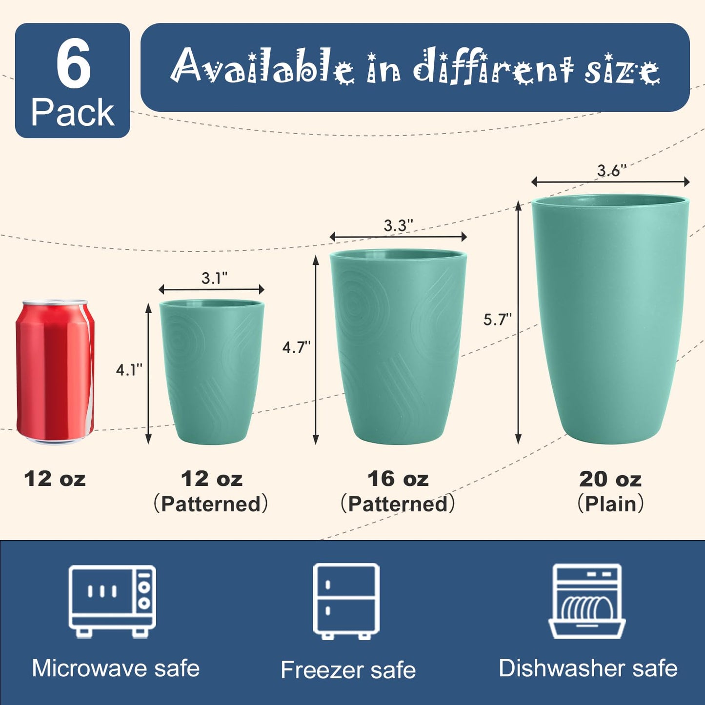 Perlapoc Reusable Wheat Straw Cups 6 PCS, Unbreakable 16 OZ Plastic Cup Alternative, Dishwasher Safe Drinking Glasses for Indoor & Outdoor Use, Green