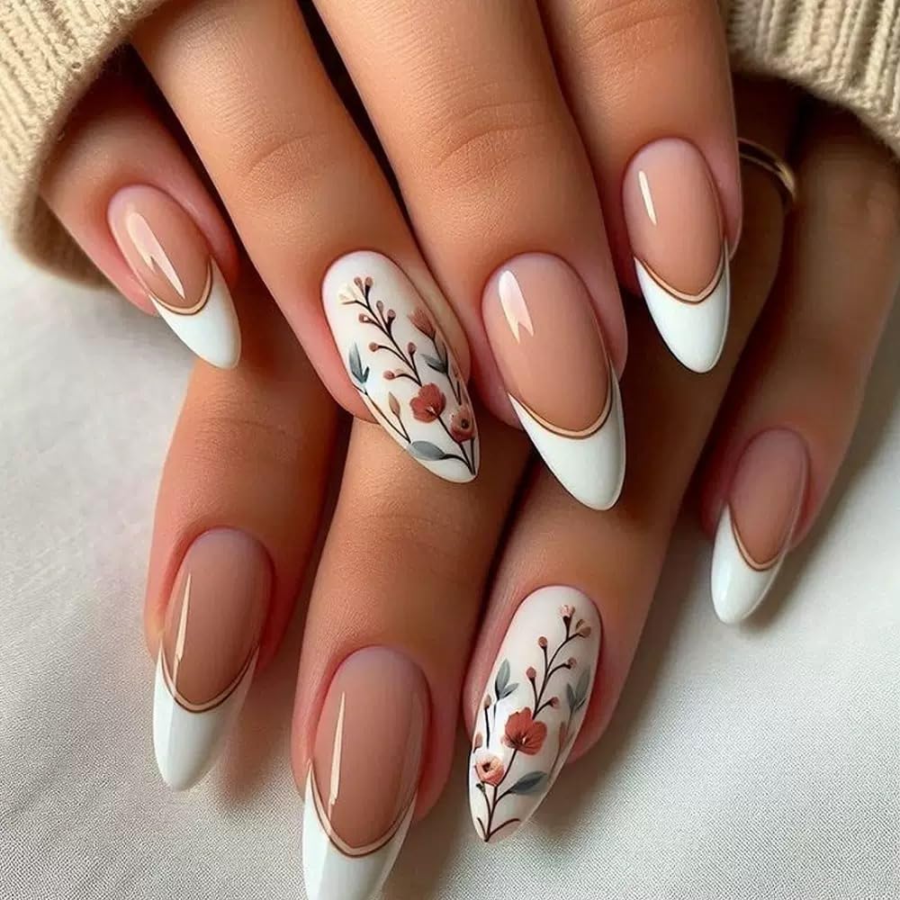 6 Packs (144 Pcs) Fall Press on Nails Medium Square, Almond Press on Nails, with Maple Leaf Design Thanksgiving Day Fake Nails for Women - 12 Sizes, 6Styles