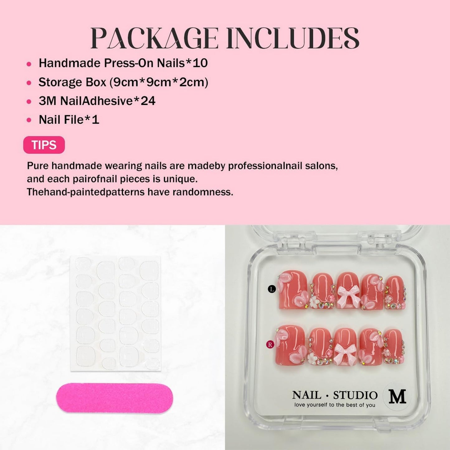 Handmade Press on Nails Short Square Fake Nails Rhinestones False Nails 3D Bow Flower Artificial Acrylic Thick Stick on Nails Handmade for Women Manicure Art Decorations (Size M)