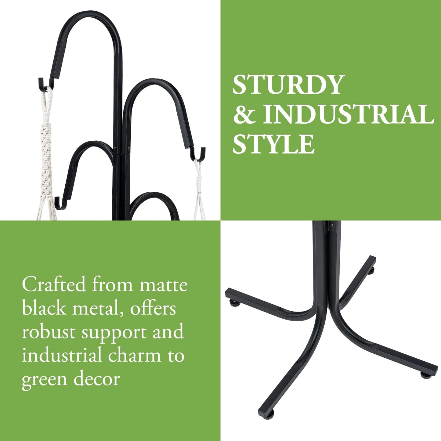 MyGift Floor Standing Planter Pot Stand, Industrial Matte Black Metal Heavy Duty Freestanding Plant Basket Hanger Rack with 4 Way Hanging Hooks