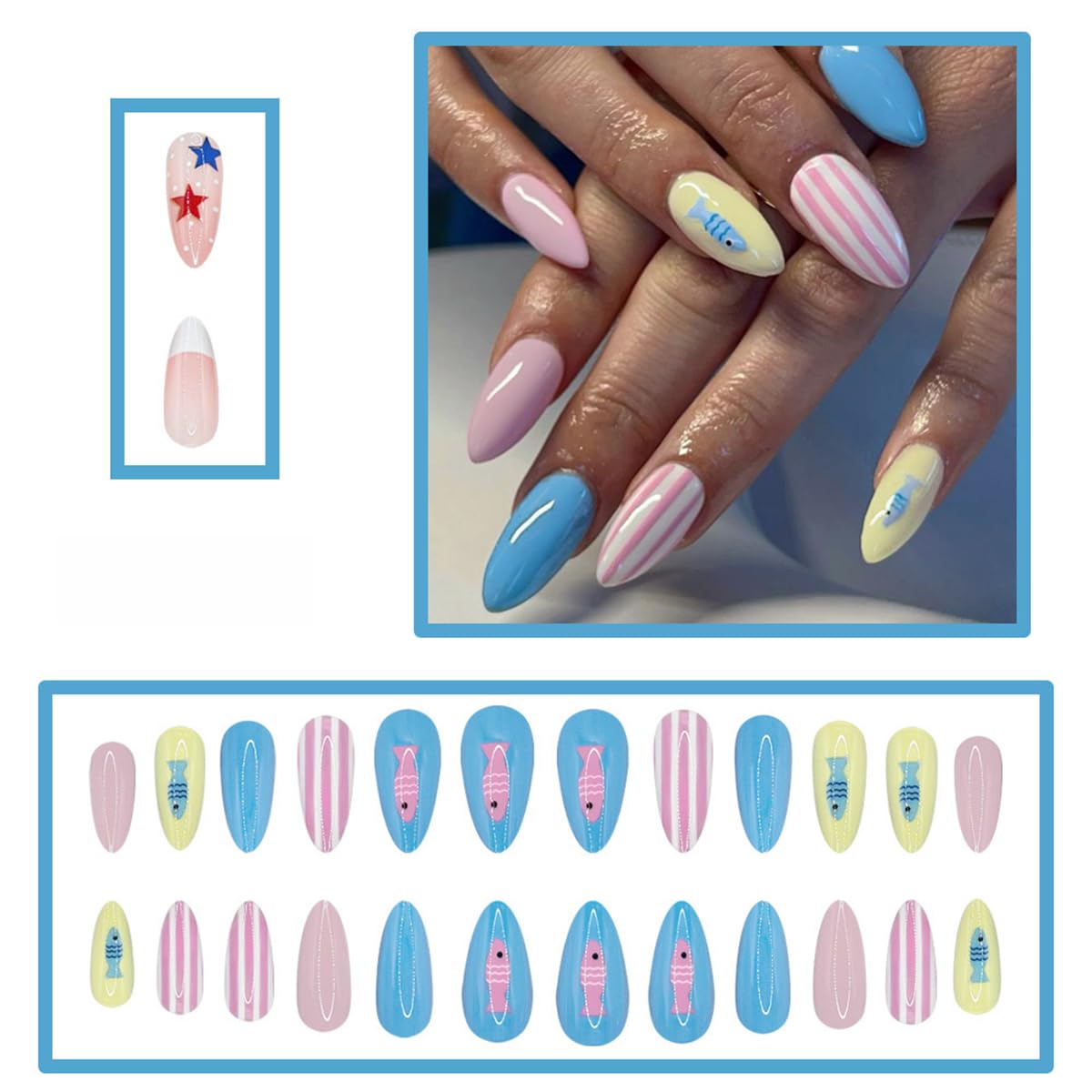 24 Pcs Summer Press on Nails Medium Almond WLGDLH Fake Nails, Blue Pink Yellow False Nails Press ons with Cute Ocean Fish Stripes Design, Glue on Nails for Women Manicure, Glossy Finish