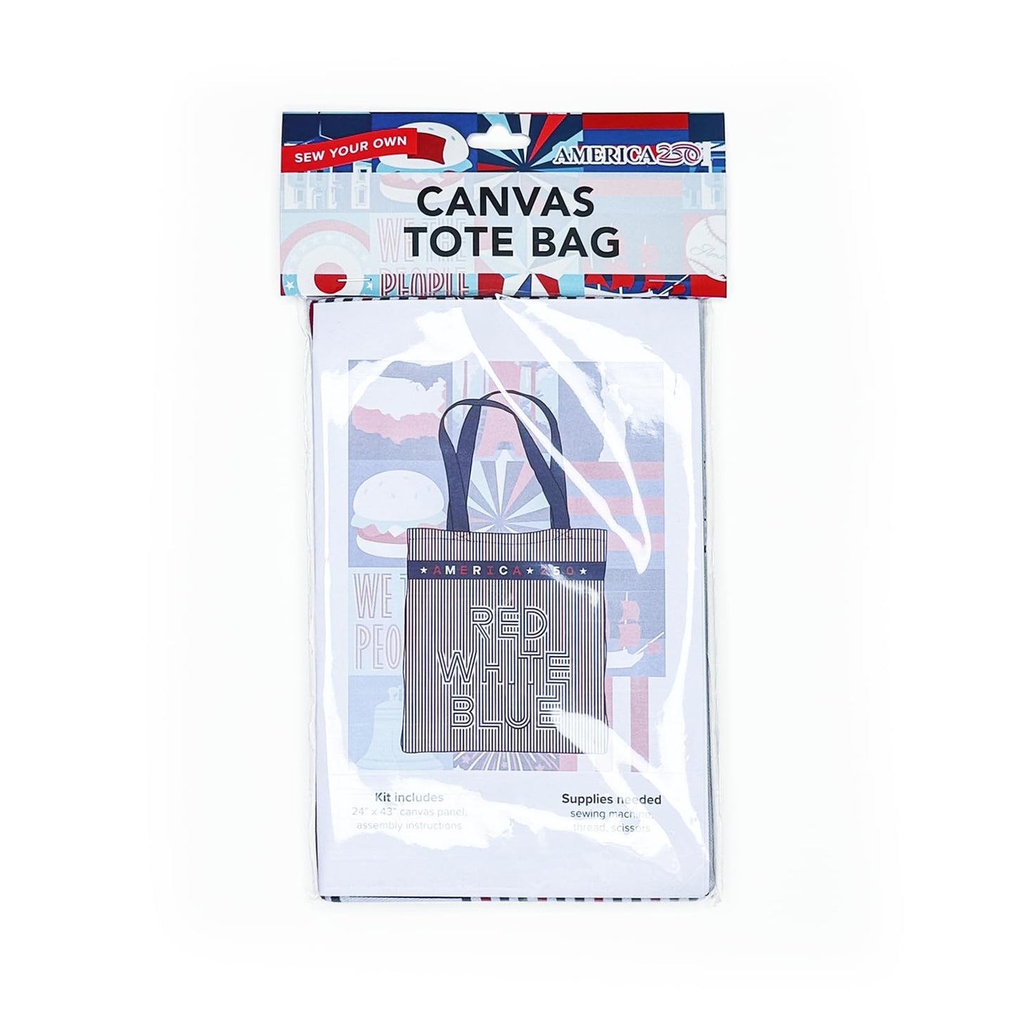 America250™ Officially Licensed Canvas Tote Bag DIY Sewing Kit – 16” x 15” Reusable Tote – Cotton Canvas Fabric Panel with Instructions – Patriotic Red, White & Blue – Beginner Friendly Project
