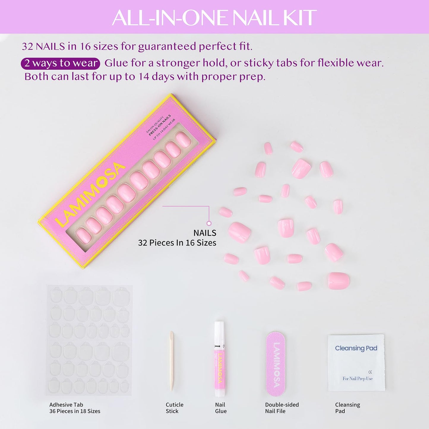LAMIMOSA 32Pcs Press On Nails Extra Short Round – Solid Pastel Pink Fake Nails with Glue, Soft Gel Nails in 16 Sizes, Reusable Glue on Nails Kit, Baby Pink Spring Summer Extra Small Nails, ROSETTA
