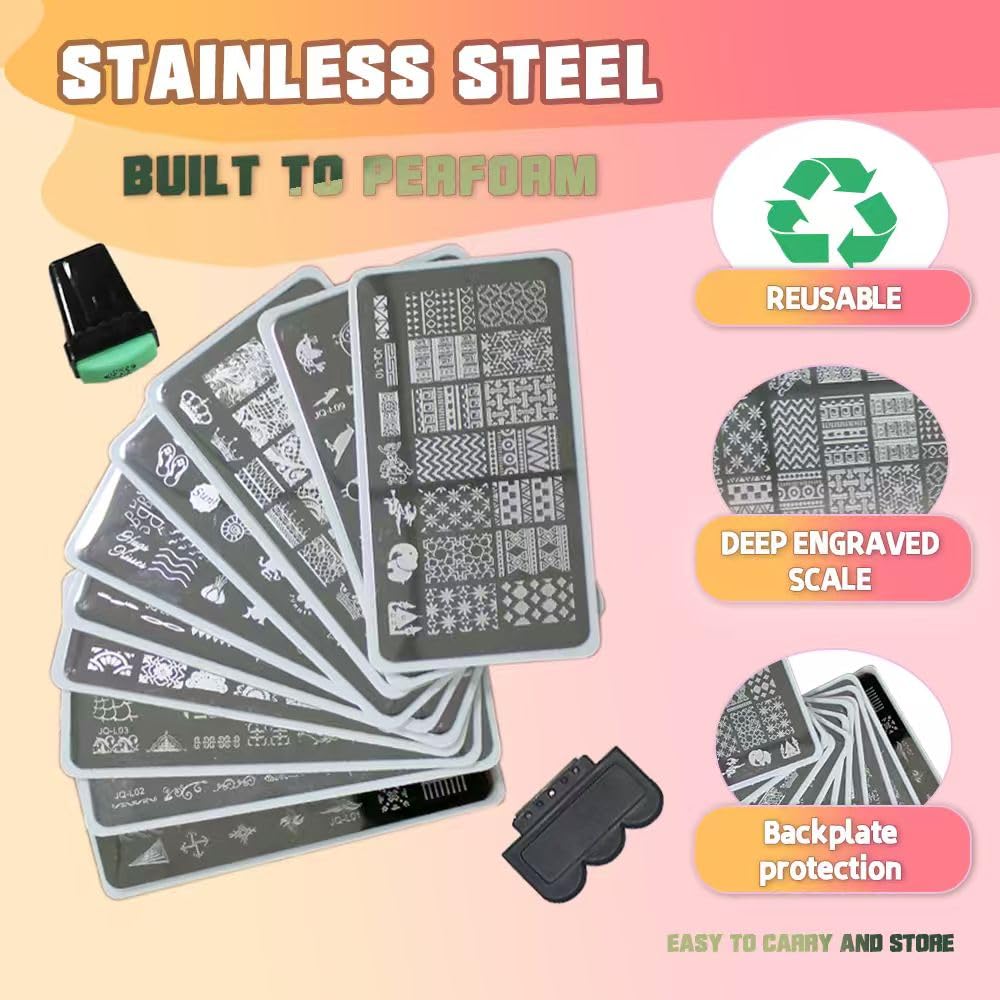BeautyLeader 10 Nail Plates Mix Designs Nail Art Image Stamp Stamping Plates Manicure Template Nail Art Tools +2 Pcs Stamper DIY Stamping Plate（1-10）