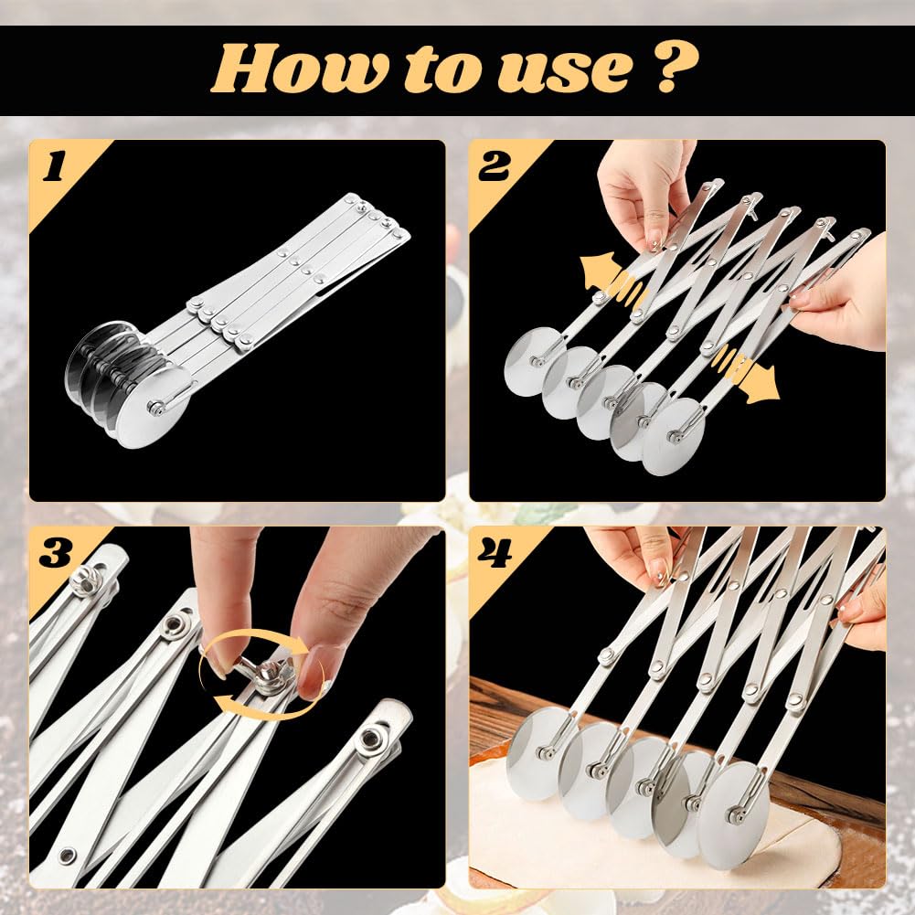 5 Wheel Stainless Steel Pizza Cutter with Double Wheel Dough Divider Expandable Multi Use Pastry Knife Baking Roller for Kitchen