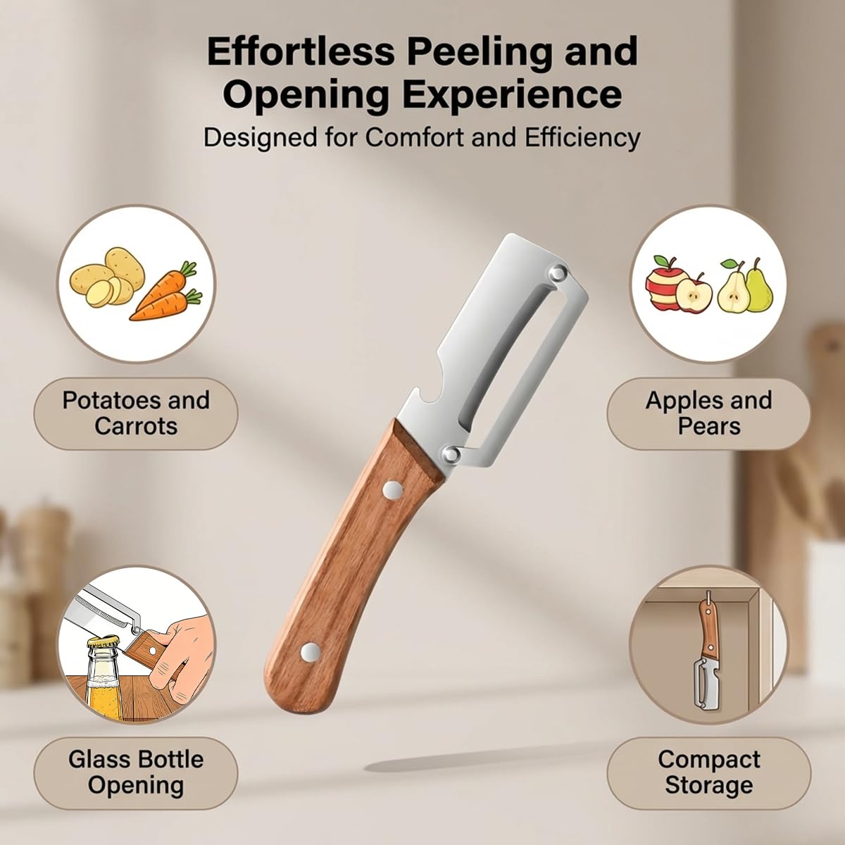 2026 New 2-in-1 Multifunctional Vegetable Peeler – Stainless Steel Blade with Wooden Handle & Bottle Opener, Effortlessly Peels Fruits & Vegetables, Ideal Kitchen Tool Gift (2-Pack)