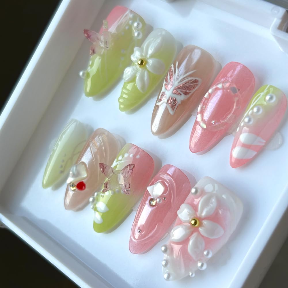 Press On Nails Medium Almond Shape - 3D Handmade Acrylic Gel Fake Nails with Glitter Designs, Reusable Thick Almond Nails for Women DIY Manicure Kit (10PCS, L Size, Easy Application)