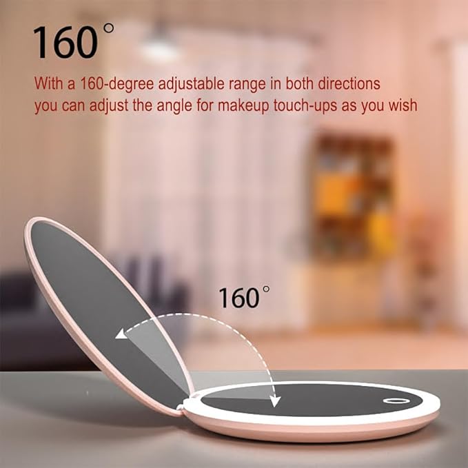 LED Illuminated Travel Makeup Mirror,Portable Folding Mirror,Mini Travel Mirror,Hand Mirror,1X/2X Magnifying Glass,Touch Adjustable Screen(Pink,3.5Inch)
