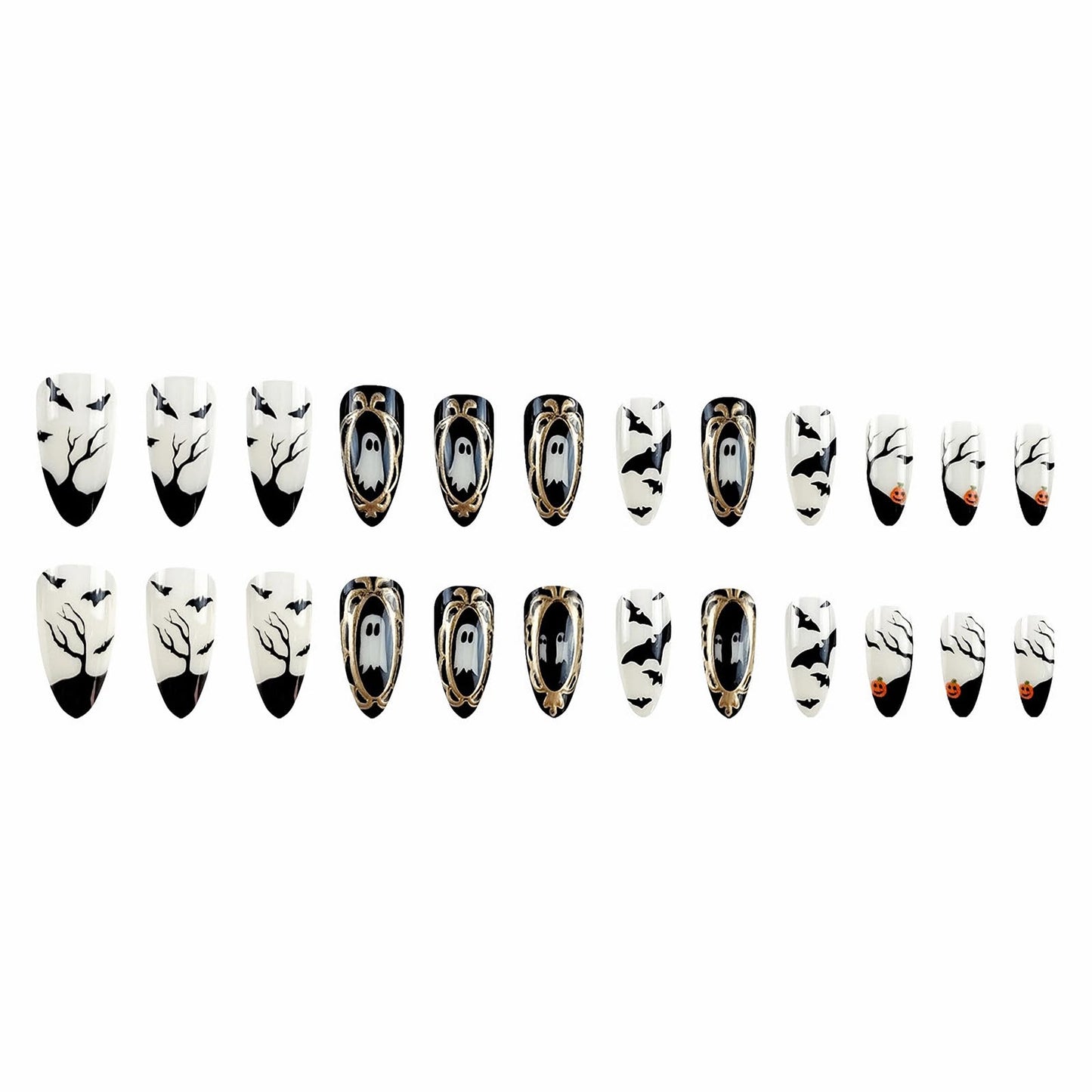 MISUD Press on Nails - Medium Almond Glue on Nails with Goth Bat, Acrylic Gothic Ghost Design 24 pcs