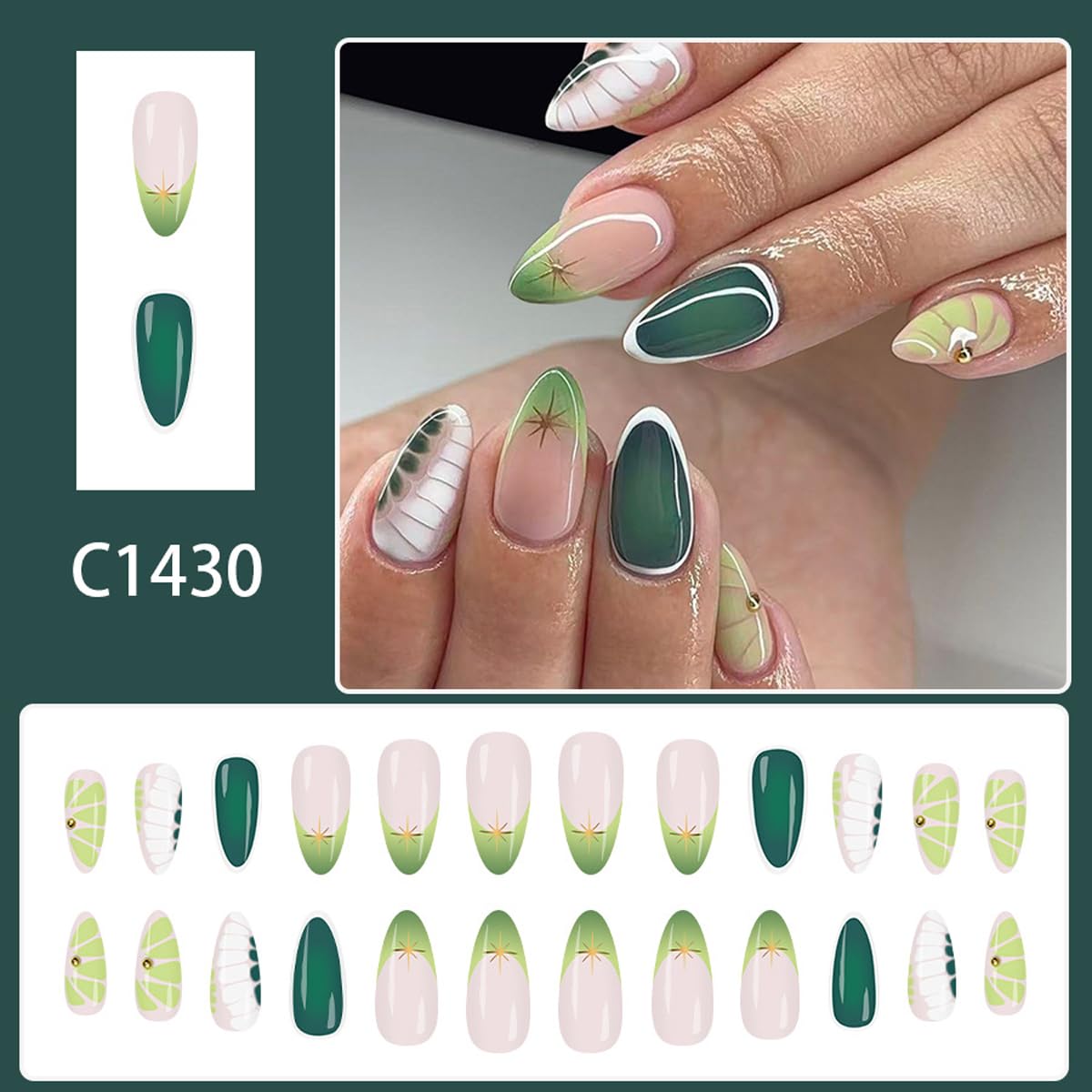 Spring Press on False Nails Green French Tip Fake Nails Medium Almond Glue on Nails with Marble, Gold Star Designs Glossy Press ons Stick on Nail for Women Manicure 24Pcs