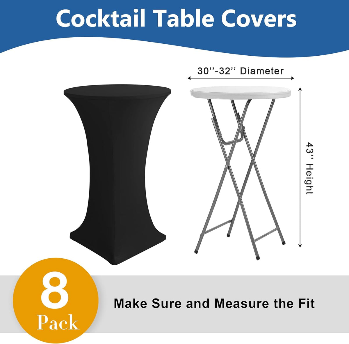 Cocktail Table Covers-Spandex Round High Top Table Cloths 8 Pack 32x43 Inch-Black Stretch Fitted Bar Tall Tablecloth for Pub Bistro Highboy Party Event Banquet Height Folding Satnding Tables