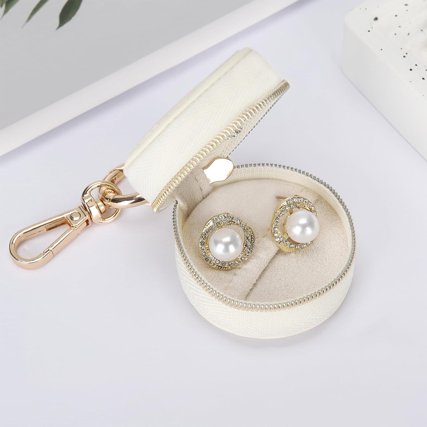 KUKUVR Jewelry Ring Holder Box with Keychain, Portable Gym Jewelry Storage Box Case, Small Travel Ring Earring Stud Necklace Storage Case (White)
