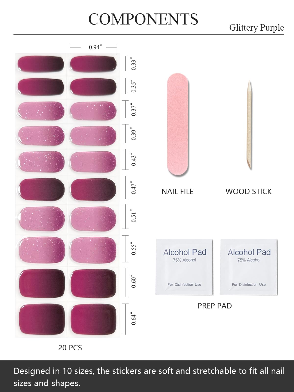 AutyaMee Semi Cured Gel Nail Strips (Glittery Purple), 20 Pcs Omber Gel Nail Wraps, Stickers, UV Light Required, Salon Quality