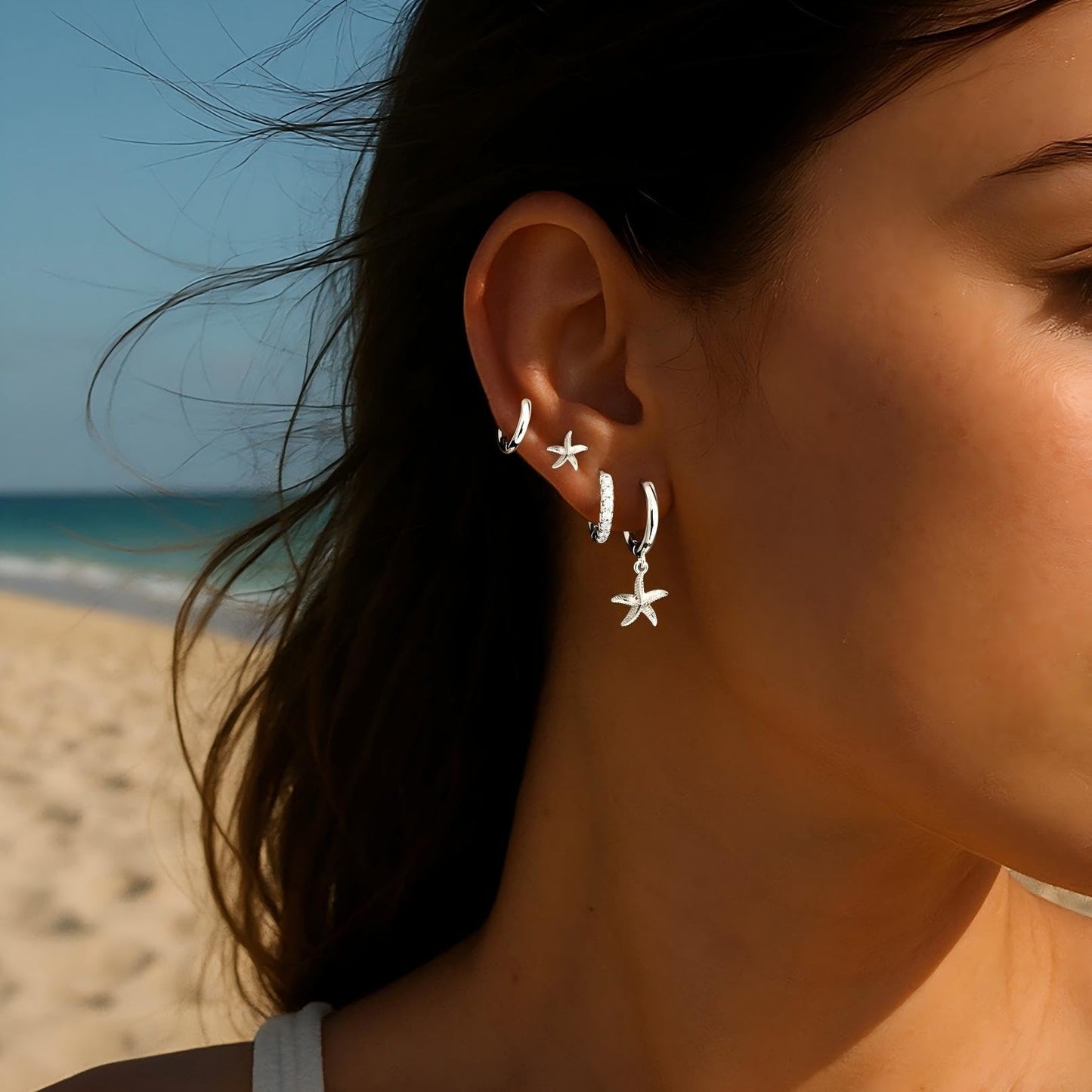 Starfish Earrings Set for Women, Silver Starfish Dangle Stud Hoop Earring Set for Multiple Piercing, Summer Beach Jewelry, Essential for Holiday Earrings
