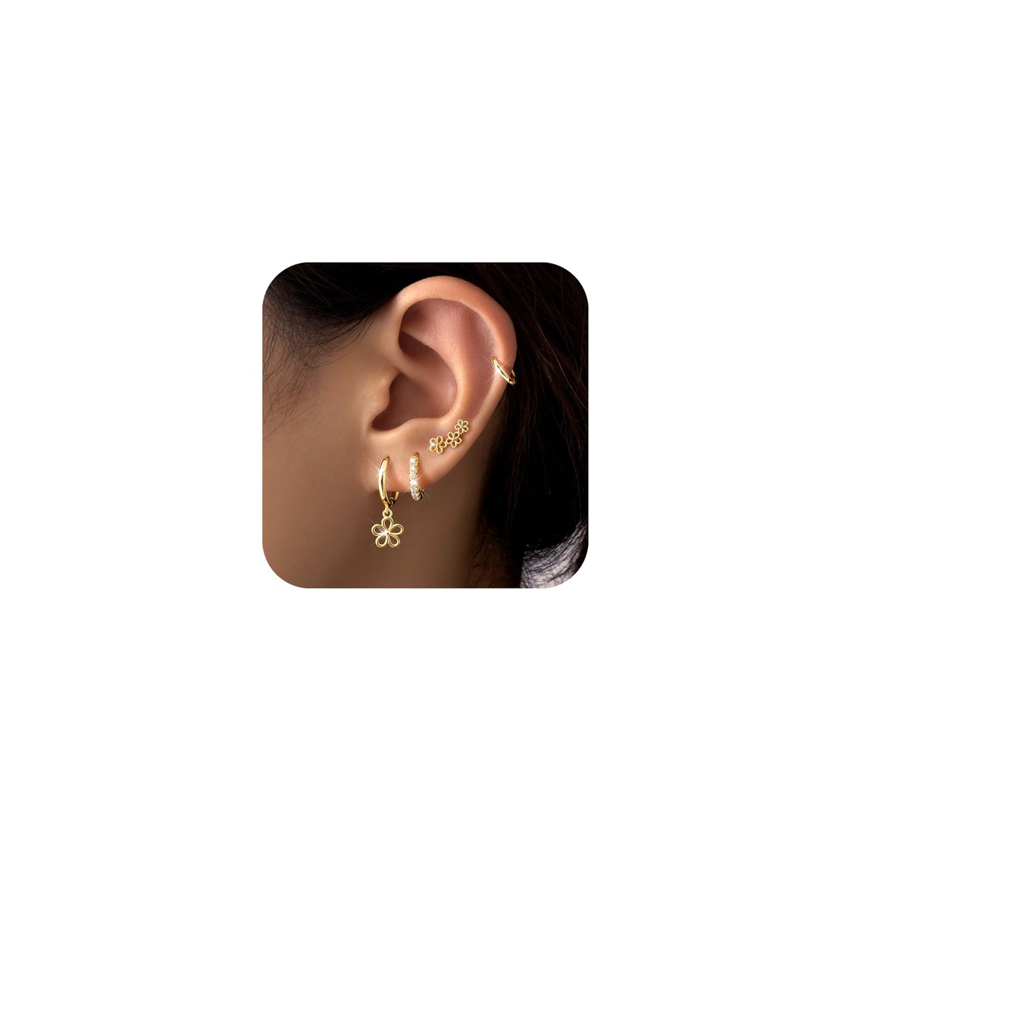 Gold Flower Earrings for Women,Huggie Small Stack Cartilage Stud Hoop Earring Sets for Multiple Double Piercing, Conch Helix Rook Tragus Daith Piercing Gold Clip On Jewelry Set Gifts