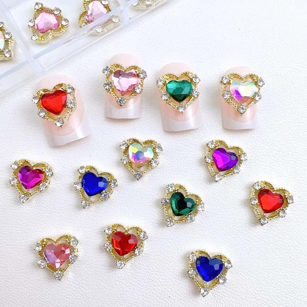 3D Heart Shape Nail Charms Luxury Shiny Alloy Rhinestone Golden Nail Crystal Diamonds Jewelry Studs Decoration 30PCS