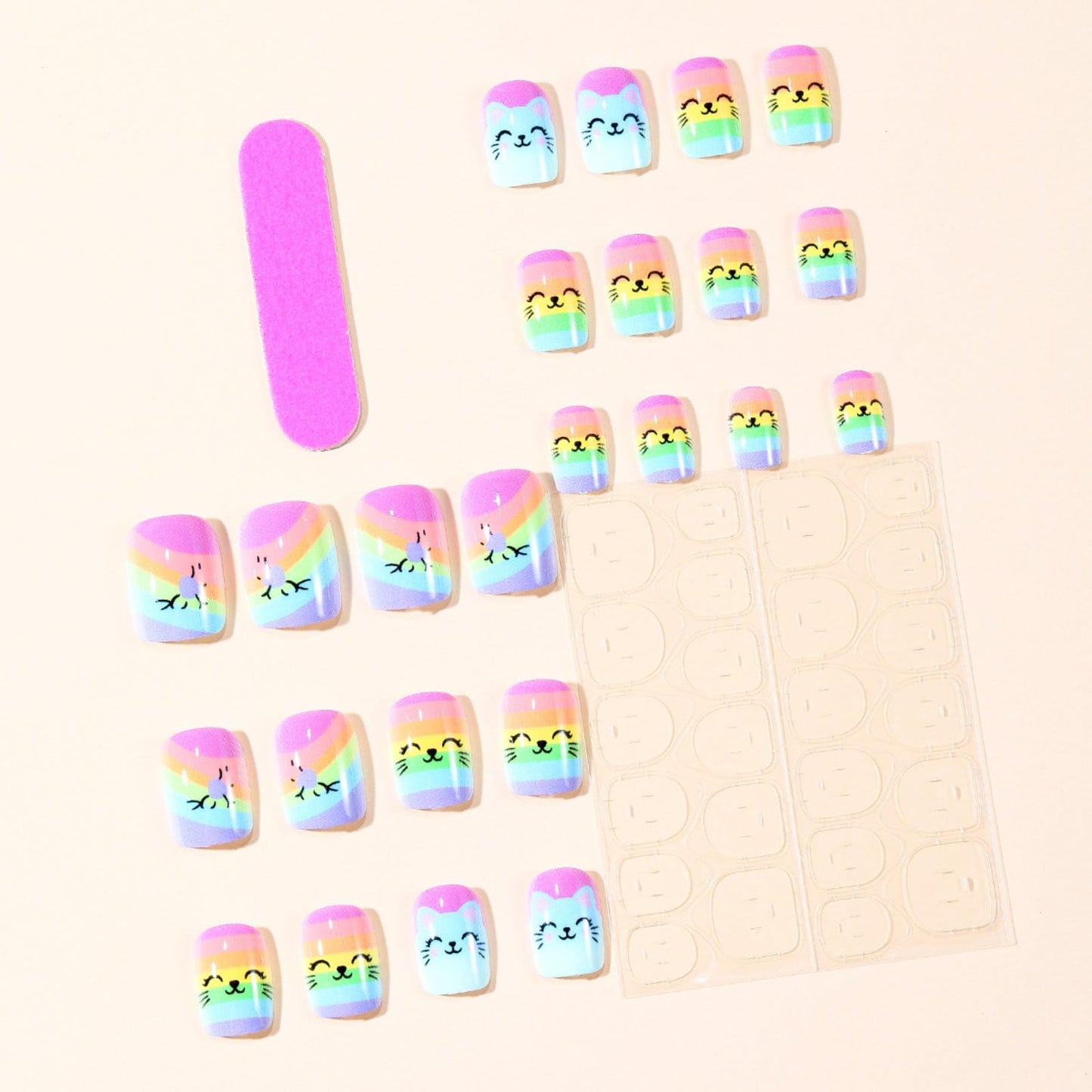 Short Press on Nails Cute Cat Fake Nails with Rainbow Stripes Design Square Shape Acrylic Nails Spring Summer Glue on Nails Glossy False Nails Holiday Full Cover Stick on Nails for Women Manicure