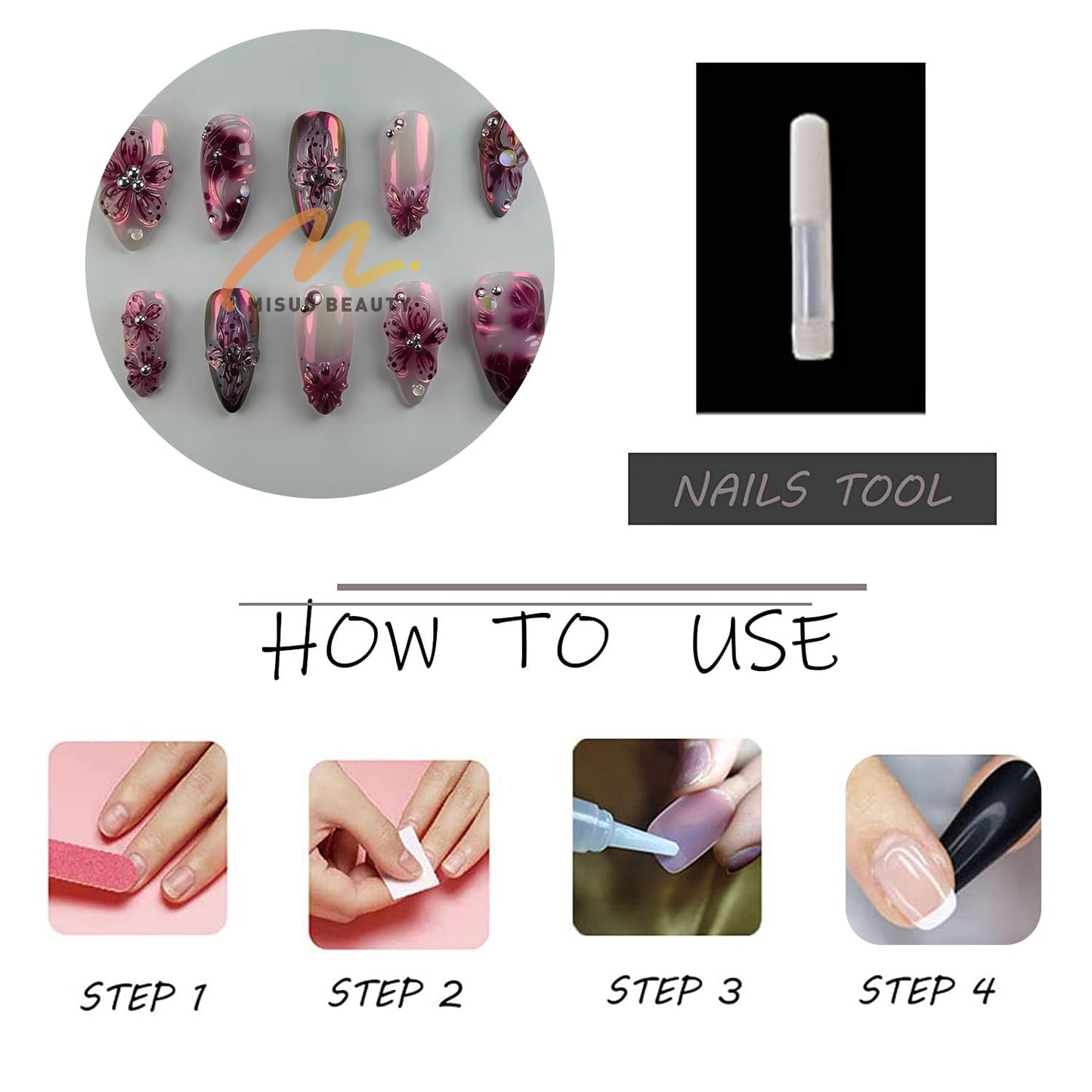 MISUD Press on Nails - Medium Almond Fake Nails with Purple Acrylic Handmade 3D Flower Design 24 pcs