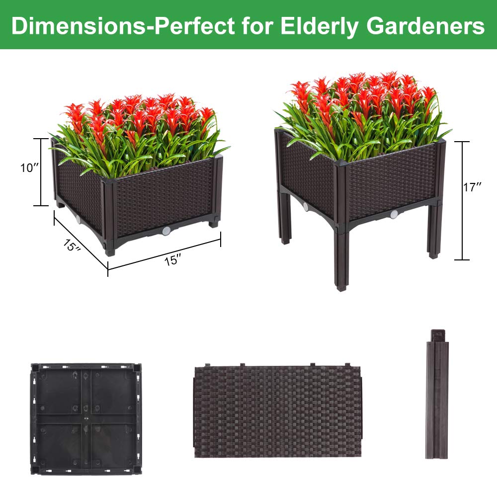 VINGLI Square Raised Garden Bed, Self-Watering Plastic Planter for Indoor Outdoor Vegetables, Fruits, Potato, Flowers, All Weather (2 Pcs)
