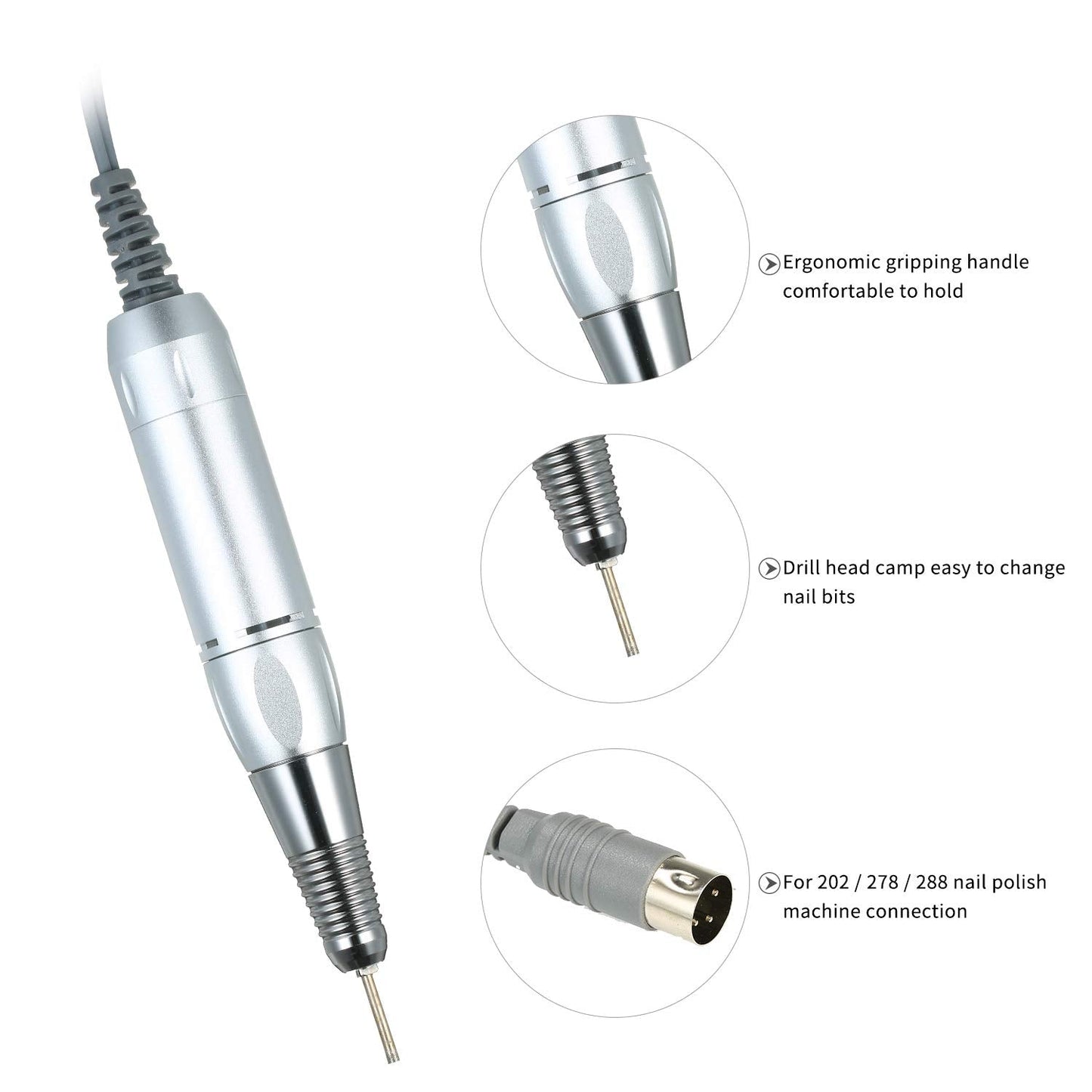 Sunydog Professional Electric Nail Art Drill Pen Handle File Polish Grind Machine Handpiece Manicure Pedicure Tool Nail Art Accessories Sliver