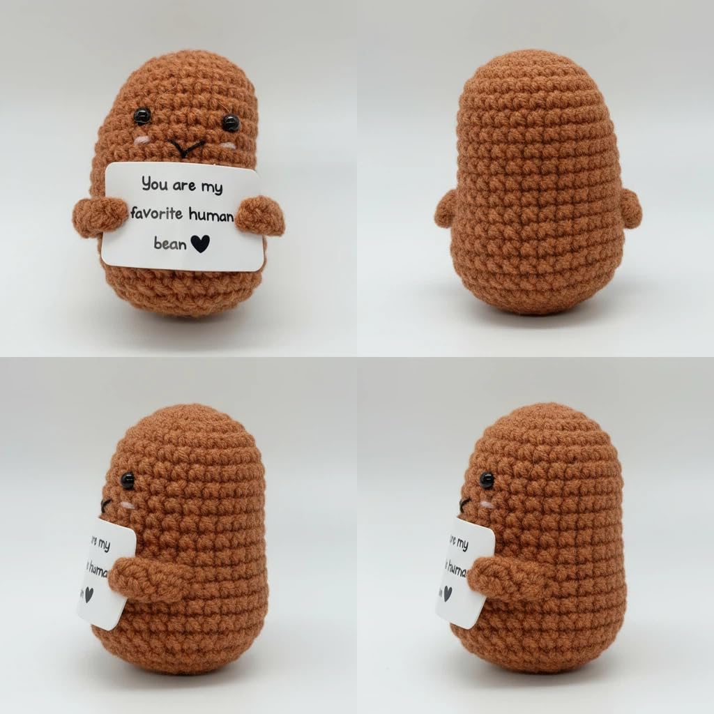 Funny Emotional Support Ornament, Creative Gift Handmade, Crochet Positive Bean Plush Doll with Motivational Message Card, Soft Yarn, 3x1.89 Inch, Desk Companion,Cute Doll,Positive Bean