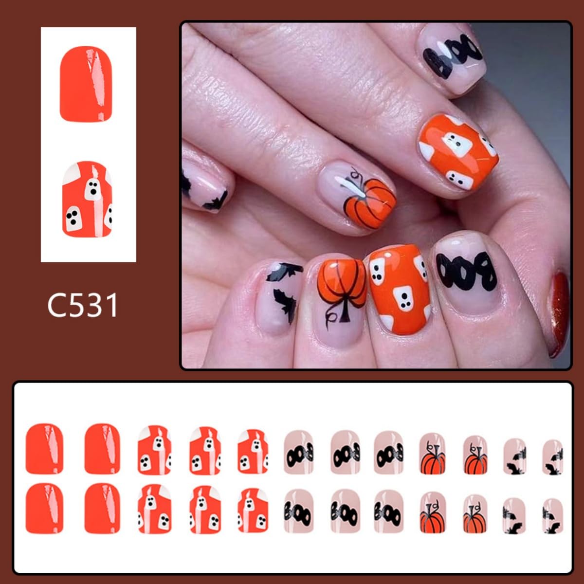 Halloween Press on Nails Short Square Fake Nails Ghost Pumpkin Bat Design Stick on Nails Orange Black False Nails Glossy Full Cover Acrylic Glue on Nail for Women Nail Art Decoration 24Pcs